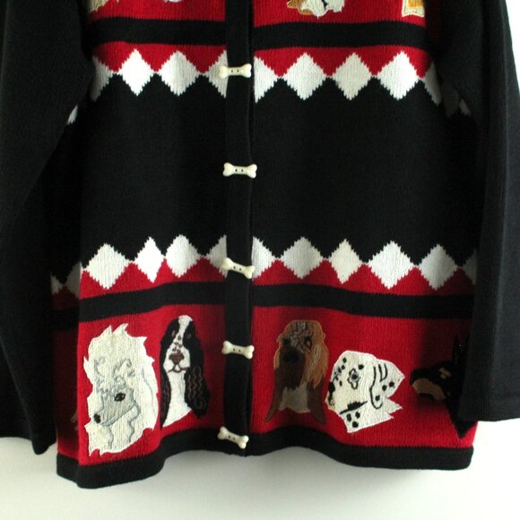 Storybook Knits Diamond Dogs Black Red Pooch Pup Bone Button Sweater Cardigan L - Picture 3 of 8